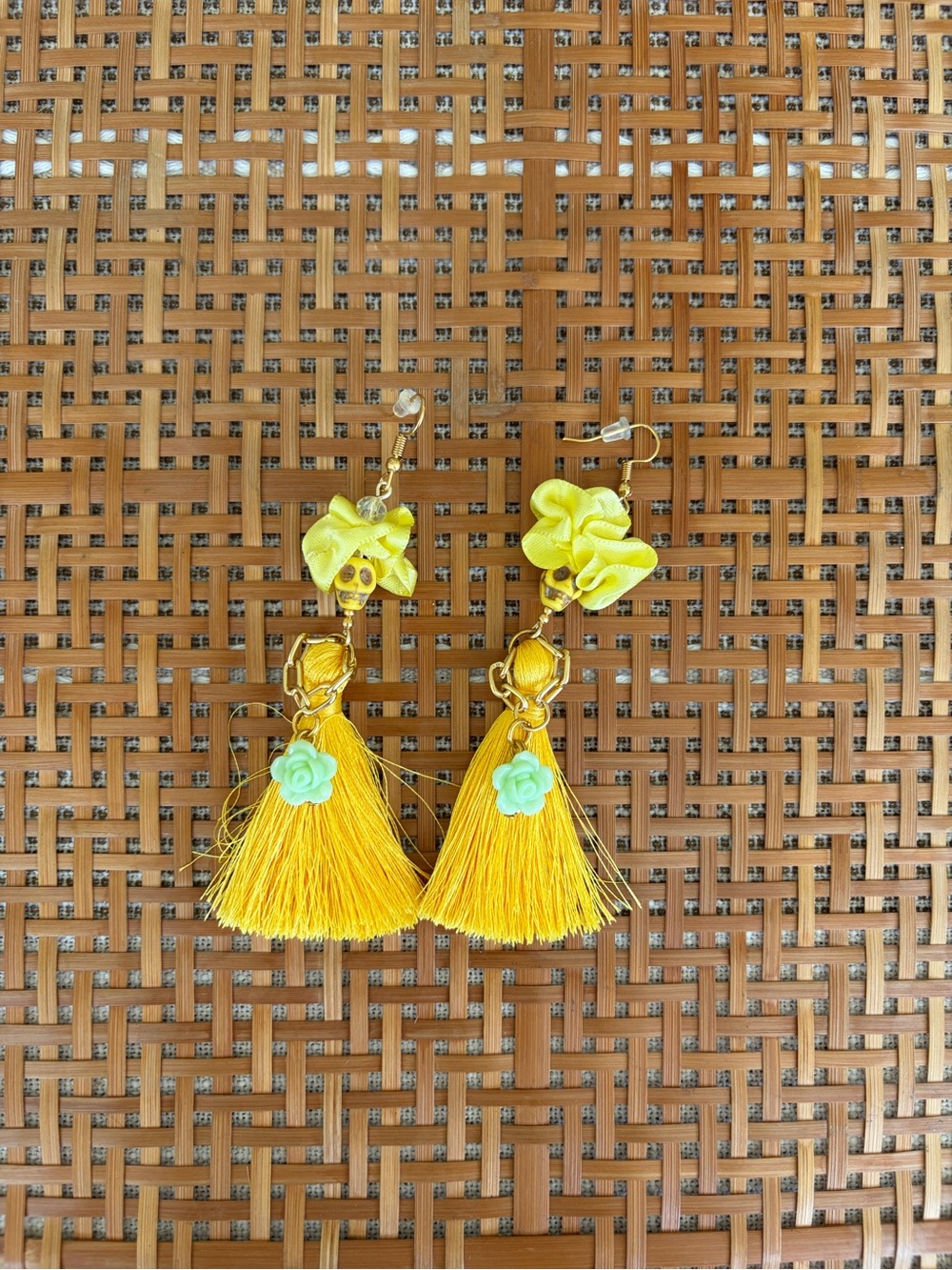 Mexican Catrina Dia de Los Muertos/Day of the Dead Earrings - Yellow/Green/Gold